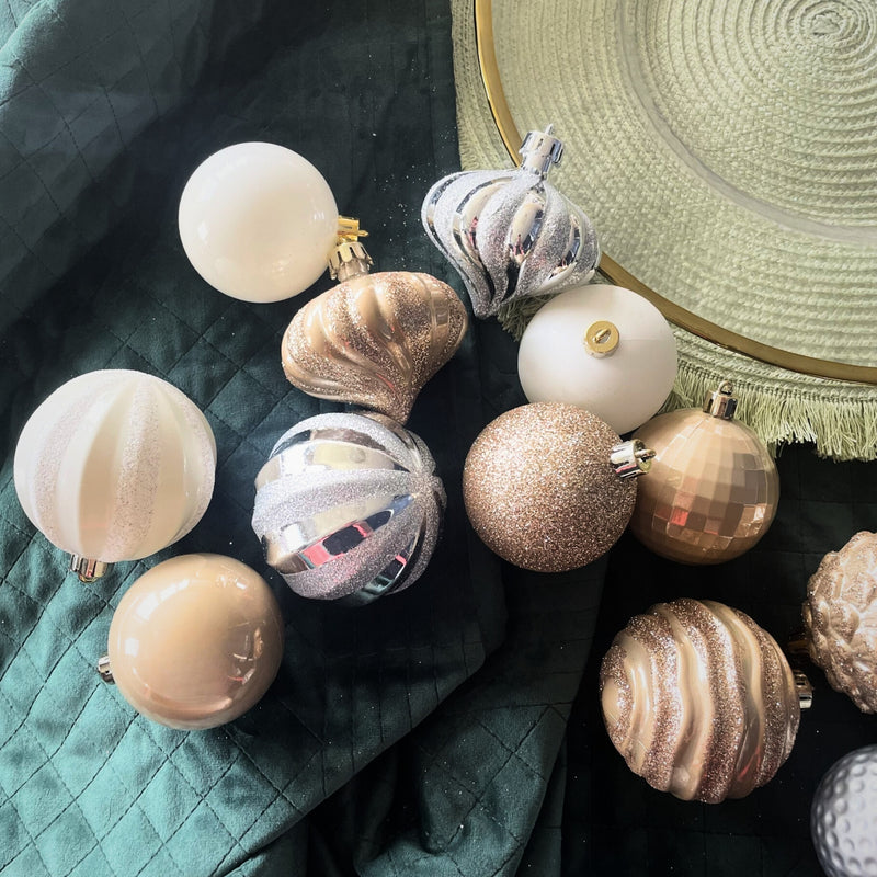Set of 60 Butterscotch, White and Silver Christmas Tree Baubles