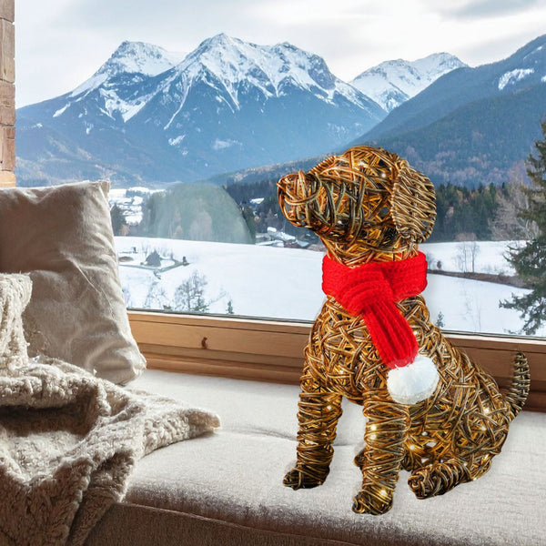44cm Brown Wicker Sitting Dog with 60 Warm White LEDs