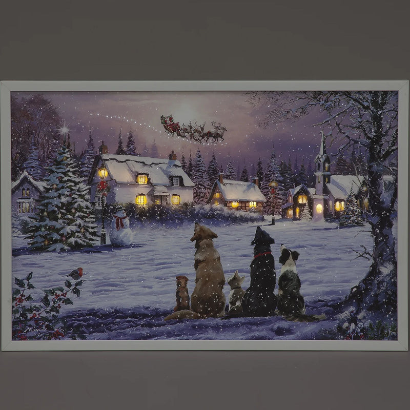 60cm Dogs Watching Santa LED Lit Wall Art Christmas Canvas