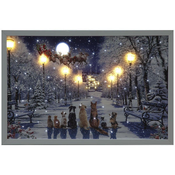 40cm Pets Watching the Sleigh Fibre Optic Lit Christmas Wall Canvas
