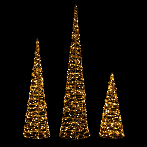 Set of 3 Rose Gold Christmas Cones with 900 Warm White LEDs (40cm, 60cm and 80cm)