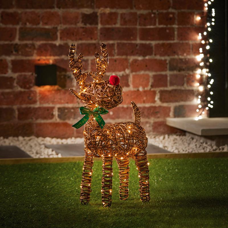 67cm Red Nosed Rattan Reindeer with 80 Warm White LEDs