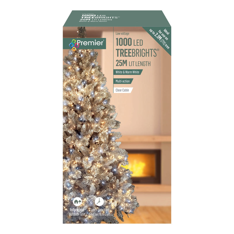 1000 White & Warm White Treebrights Multi Action LED Lights on Clear Cable