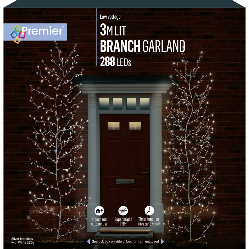 3m Silver Lit Branch Garland with 288 White LEDs