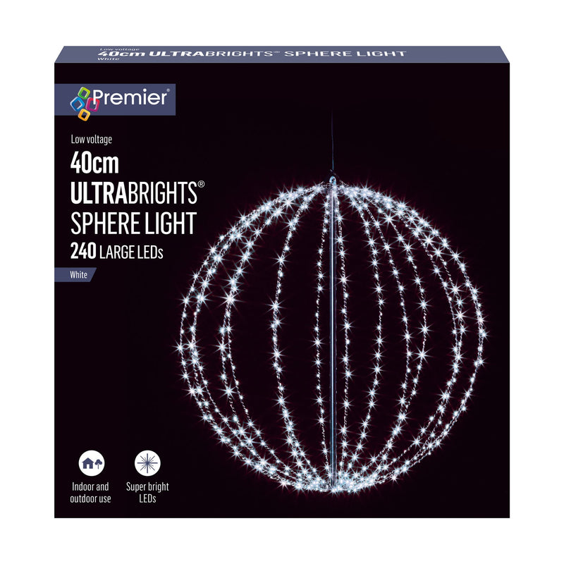40cm White Metal Sparkling Sphere Frame 240 White LEDs