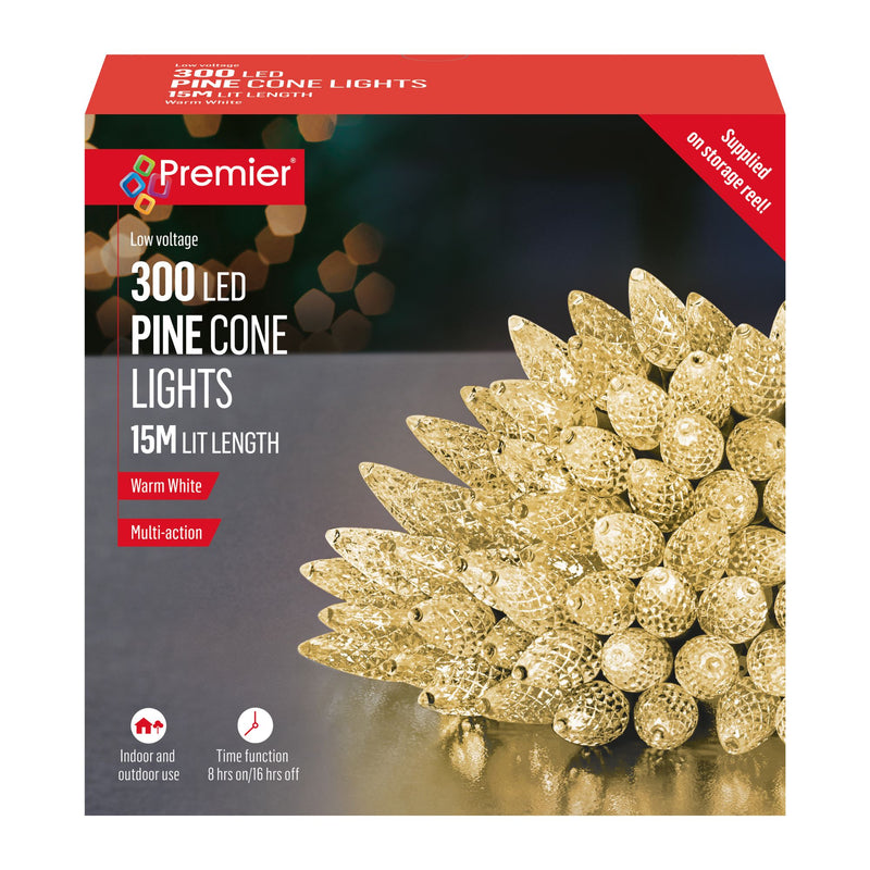 300 Warm White LED Pinecone Style Bulb Multi Action String Light
