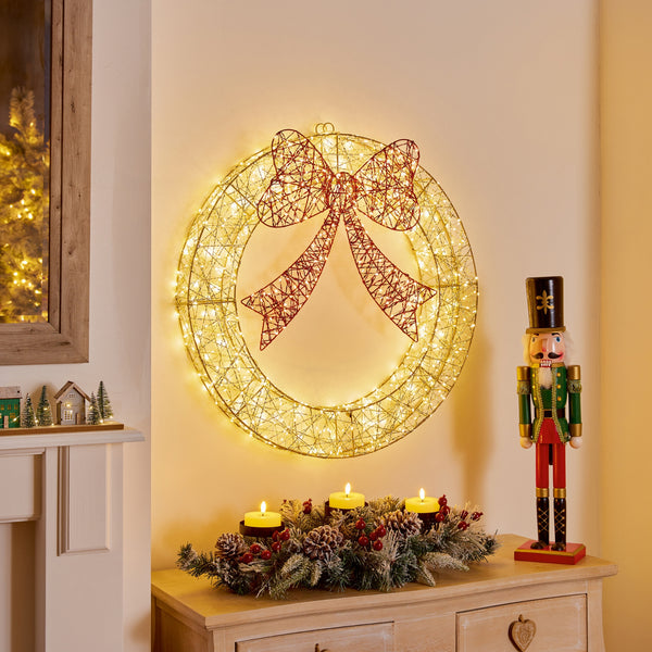 70cm Golden Elegance Twist Wreath with Red Bow and 750 Warm White LEDs