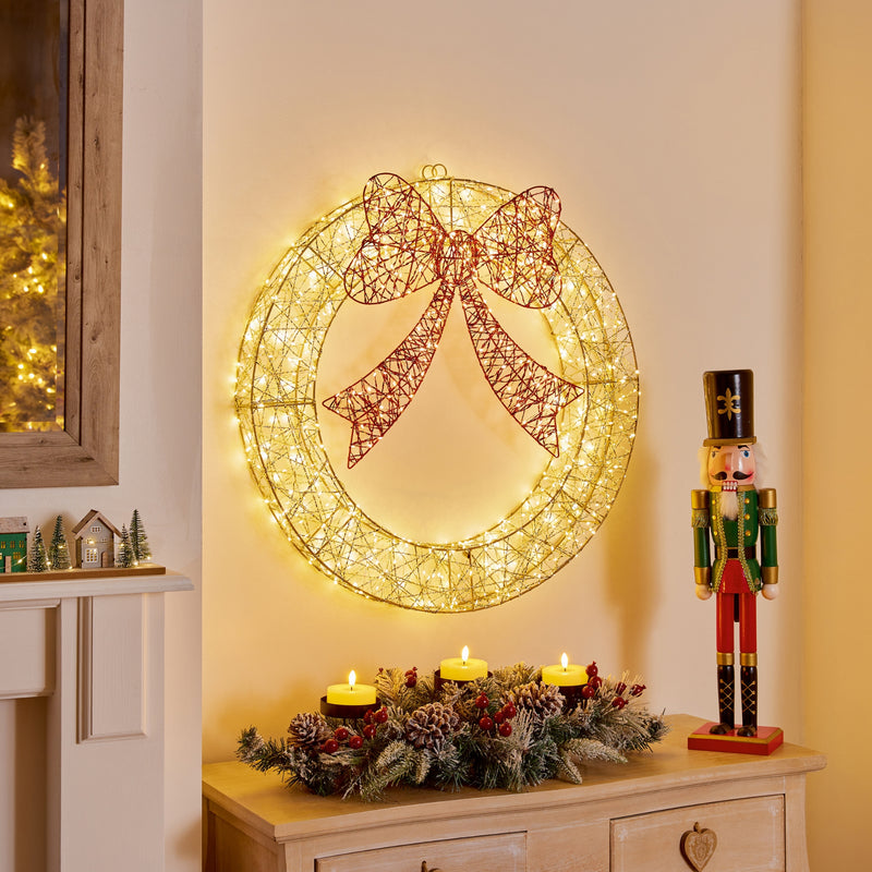 70cm Golden Elegance Twist Wreath with Red Bow and 750 Warm White LEDs