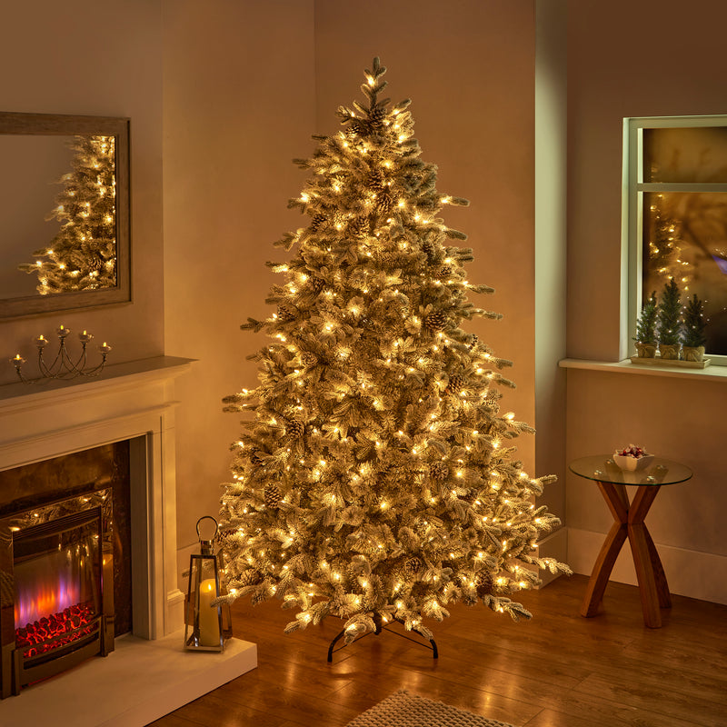 7.5ft Snowy Pre Lit Dorchester Spruce Luxury Real Feel Artificial Christmas Tree with 600 Warm White LED's