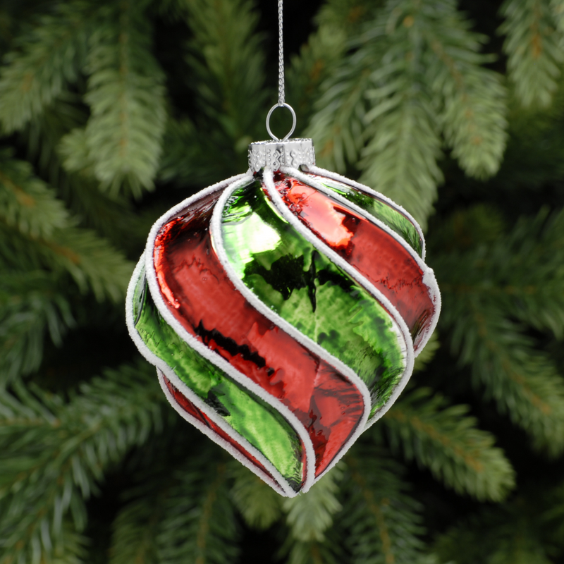 8cm Red and Green Ridged Glass Onion Christmas Tree Bauble