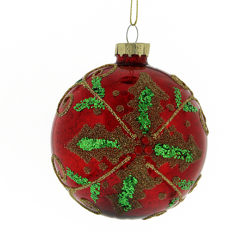 8cm Shiny Red Glass Bauble with Green Holly Design Tree Decoration
