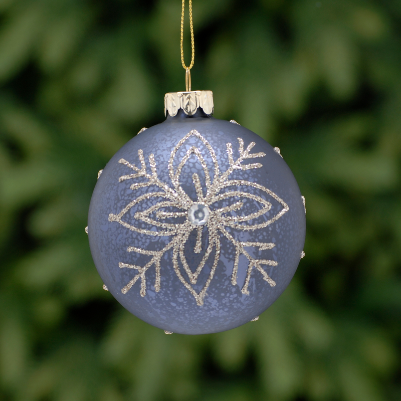 8cm Navy Gold Glitter Flower and Gem Glass Bauble Tree Decoration
