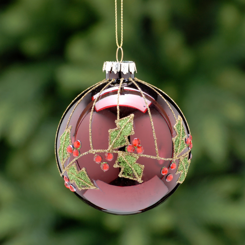 8cm Burgundy Bauble with Green Holly Leaf Glass Tree Decoration