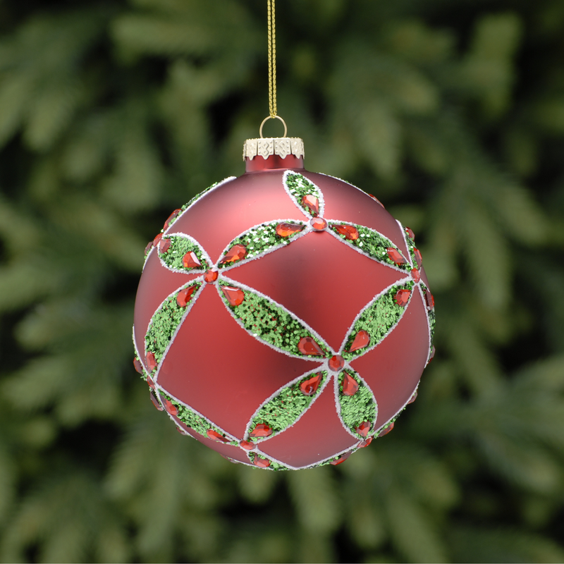 10cm Red with Green Glitter Leaf Glass Bauble Tree Decoration