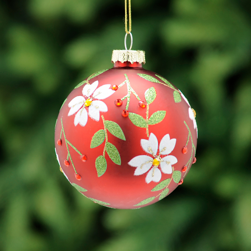 8cm Glass Red Matt with White Flower Design Bauble Tree Decoration