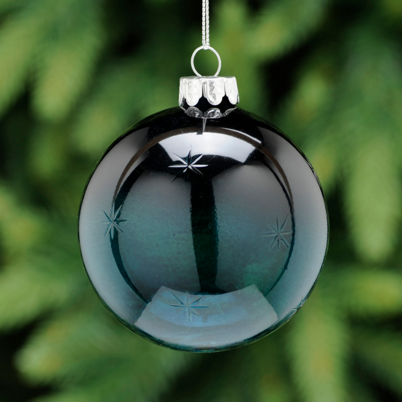 8cm Navy Blue Glass Bauble with Snowflake Design Tree Decoration