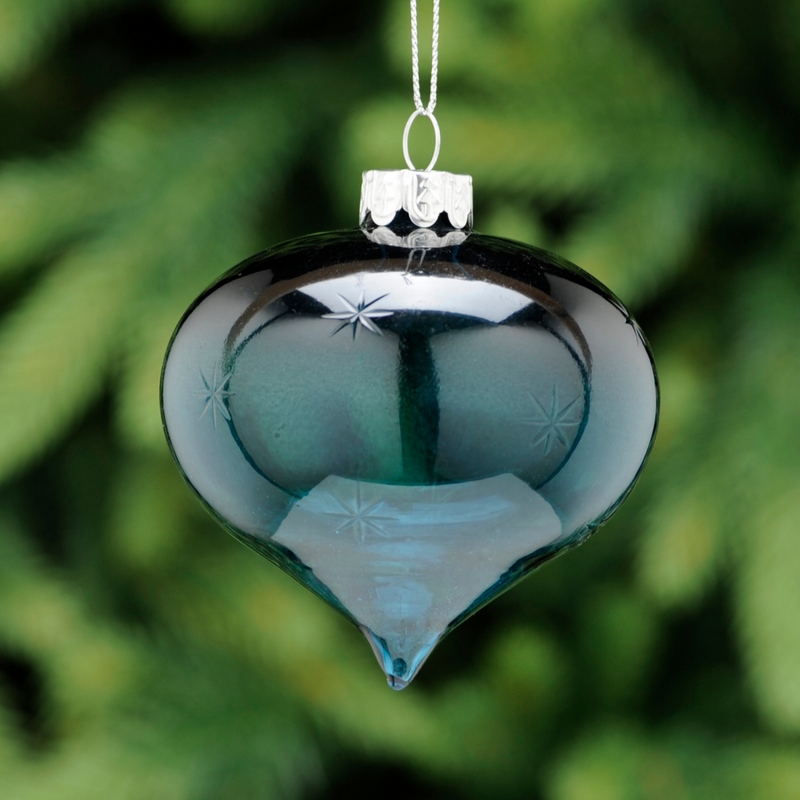 8cm Navy Blue Glass Onion with Snowflake Design Tree Decoration