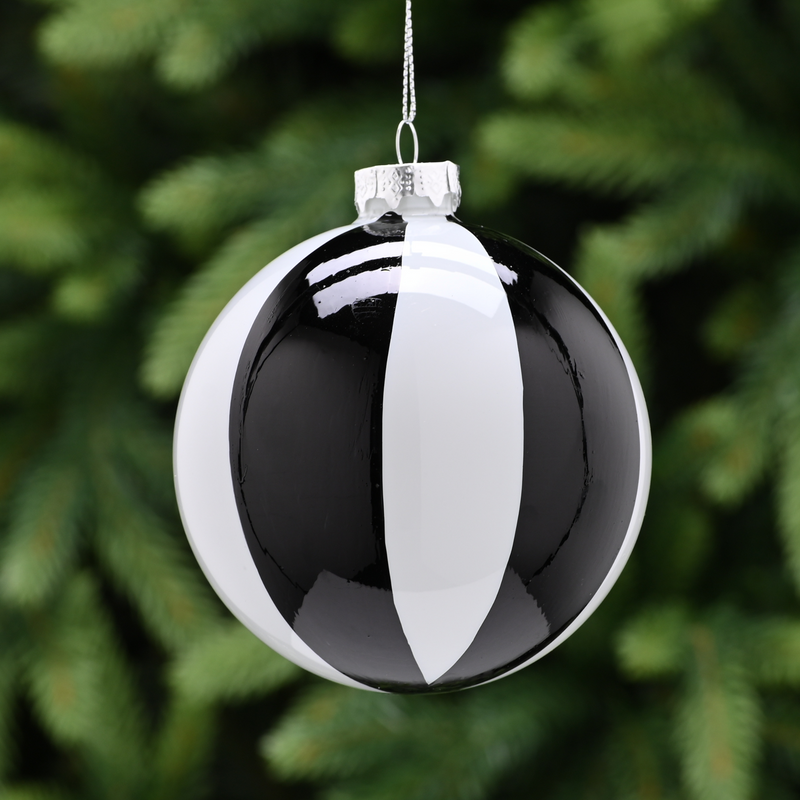 10cm Black and White Lines Glass Bauble Tree Decoration
