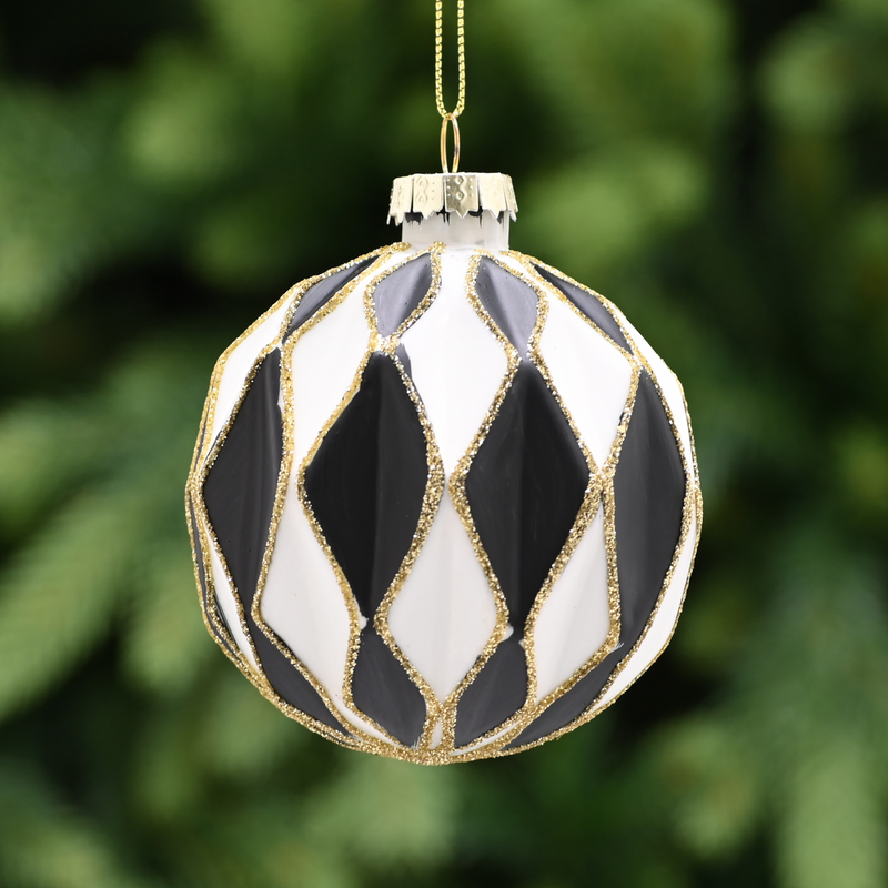 8cm Black and White Glass Hexagon Bauble Christmas Tree Decoration