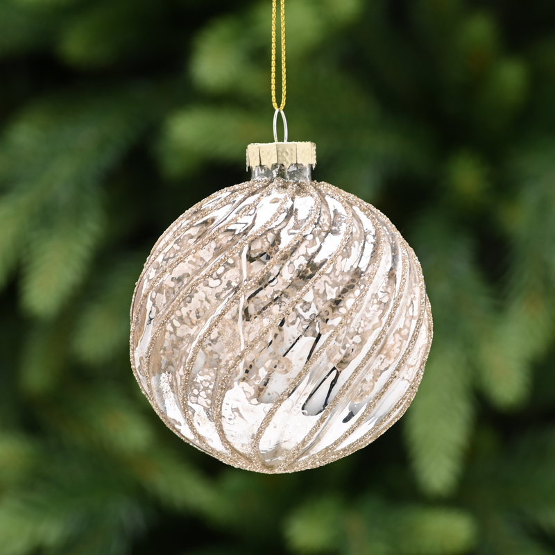 8cm Antique Champagne Spiral Glitter Glass Bauble Tree Decoration