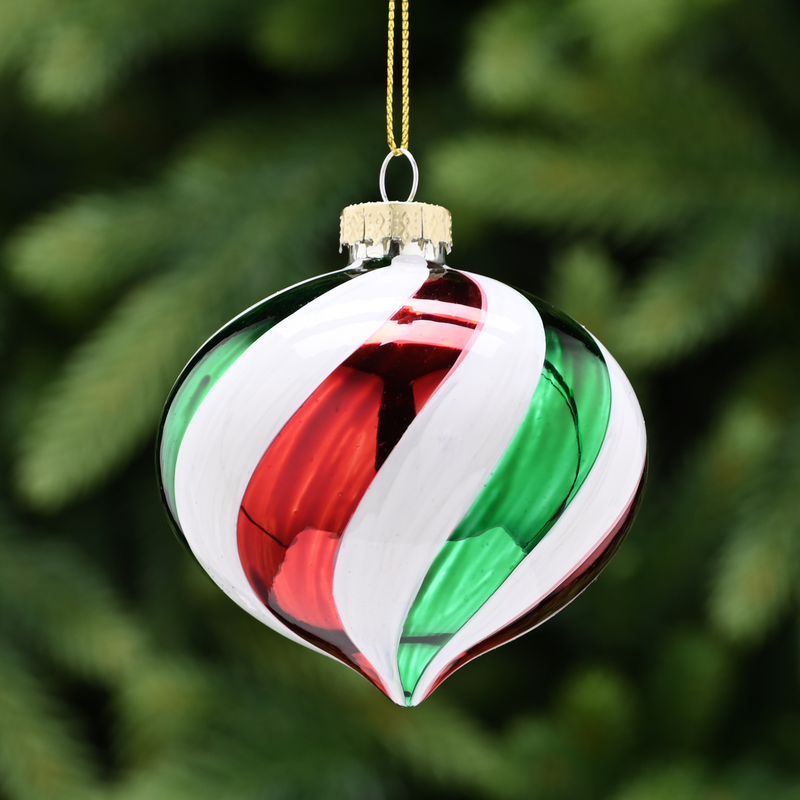 8cm White Green and Red Stripe Glass Onion Bauble Tree Decoration