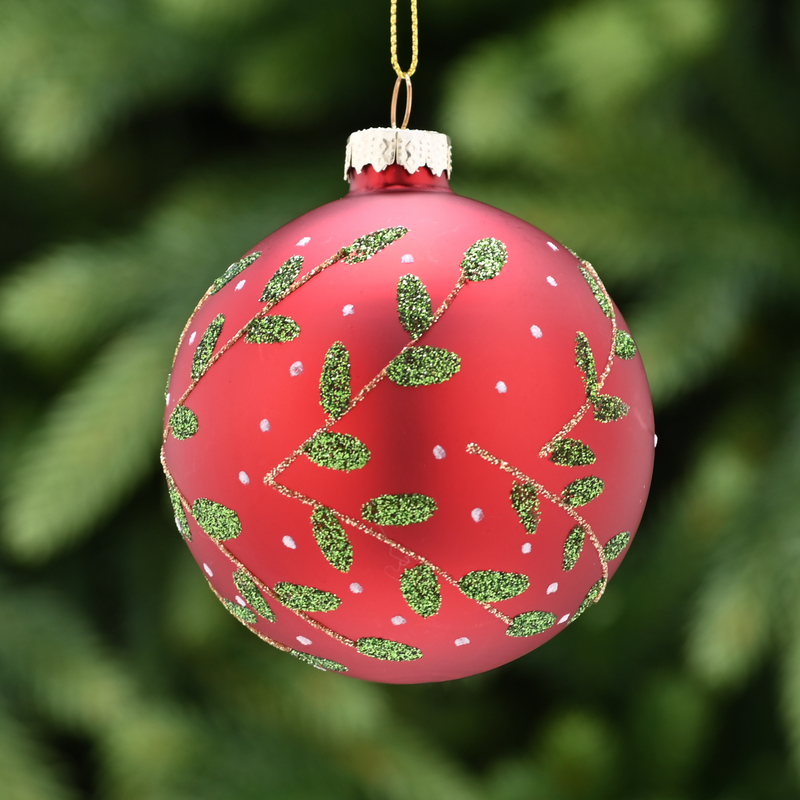 8cm Matt Red Glass Bauble with Green and Gold Leaf Tree Decoration