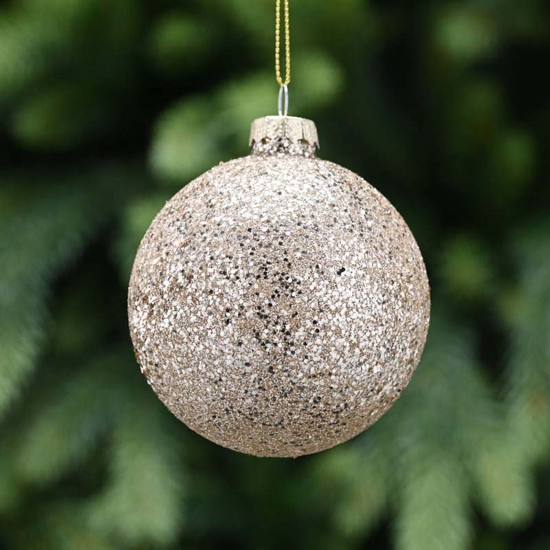 8cm Gold Glitter Sequin Glass Bauble Tree Decoration