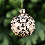 8cm Gold Glass Metal Effect Bauble with Diamond Pattern Tree Decoration