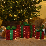 Set of 3 Battery Powered Lit Red Christmas Gift Boxes with Green Bows