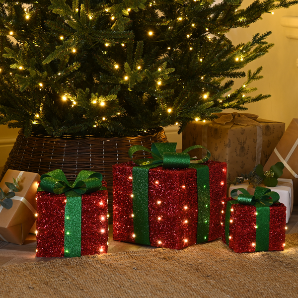 Set of 3 Battery Powered Lit Red Christmas Gift Boxes with Green Bows