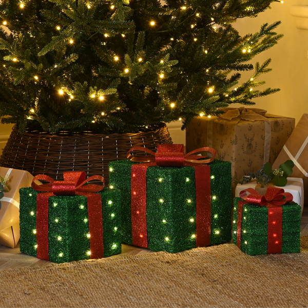 Set of 3 Battery Powered Lit Green Christmas Gift Boxes with Red Bows