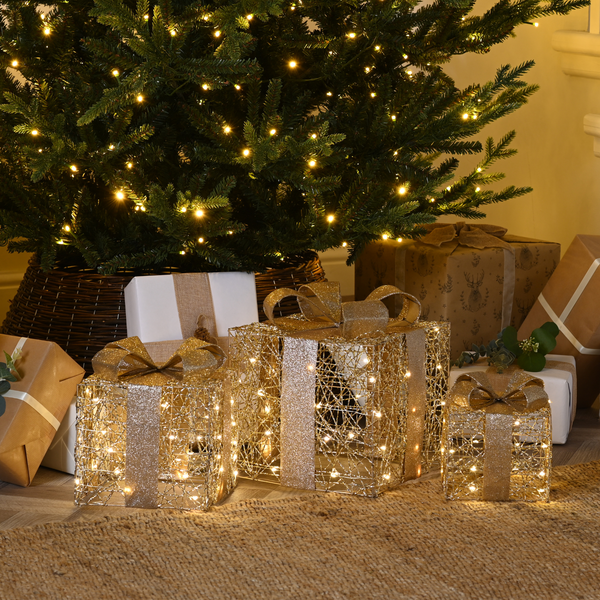 Set of 3 Battery Powered Gold Shimmer Christmas Gift Boxes with Gold Bows