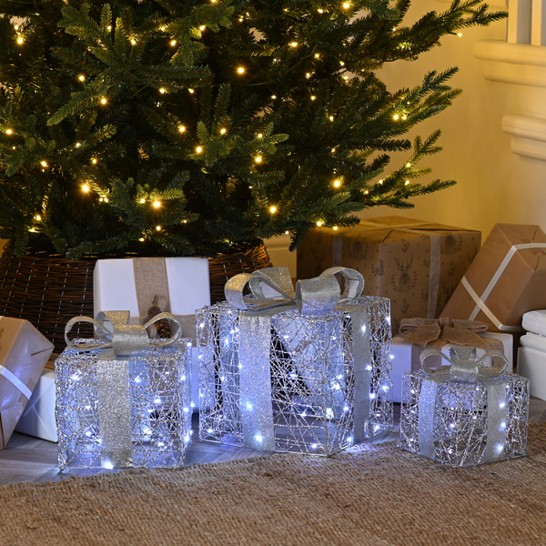 Set of 3 Battery Powered Silver Shimmer Christmas Gift Boxes with Silver Bows