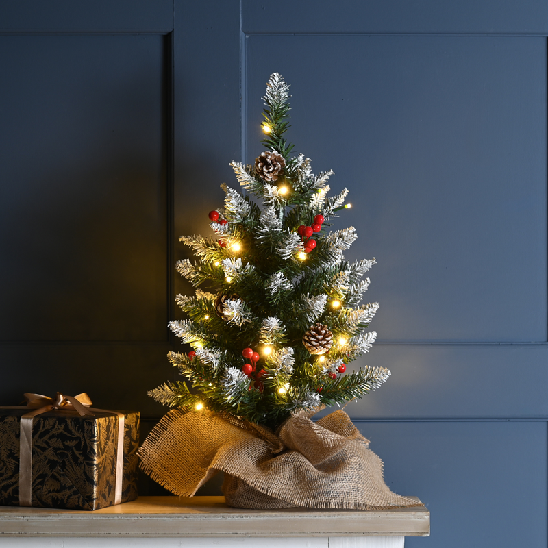 60cm Prelit Berry and Cone Table Top Christmas Tree with Warm White & Multi Coloured Lights (Switchable)