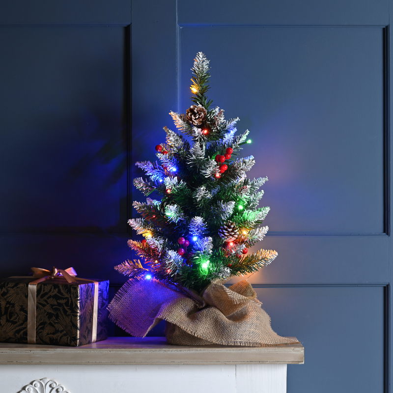 60cm Prelit Berry and Cone Table Top Christmas Tree with Warm White & Multi Coloured Lights (Switchable)