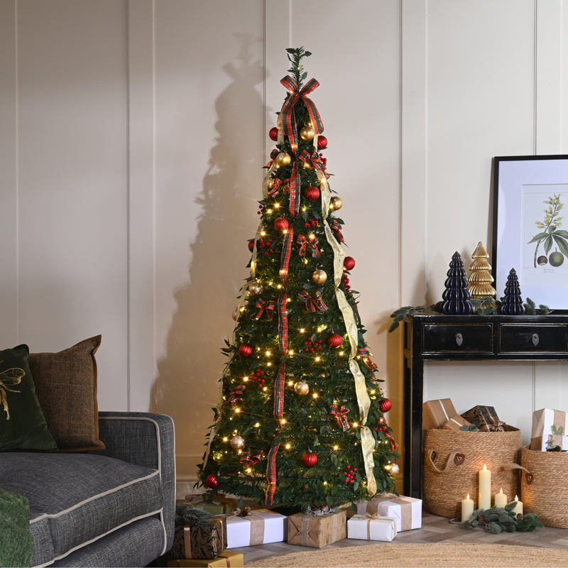 5ft Green Pop Up Christmas Tree with Red Gold Decorations and 130 Warm White LED's