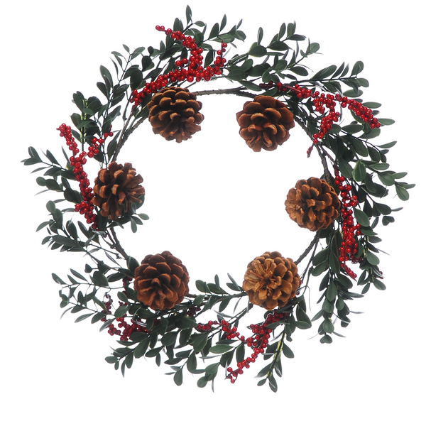 40cm Holly Berry Pine Cone Christmas Wreath