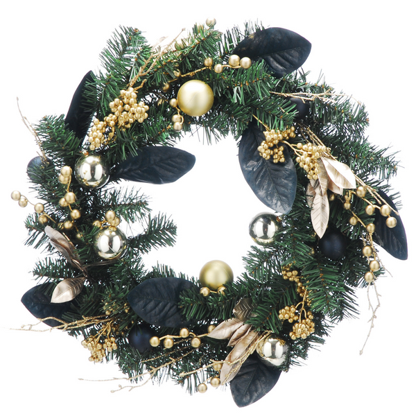 60cm Green Wreath with Blue Leaves and Gold Berries Baubles and Leaves