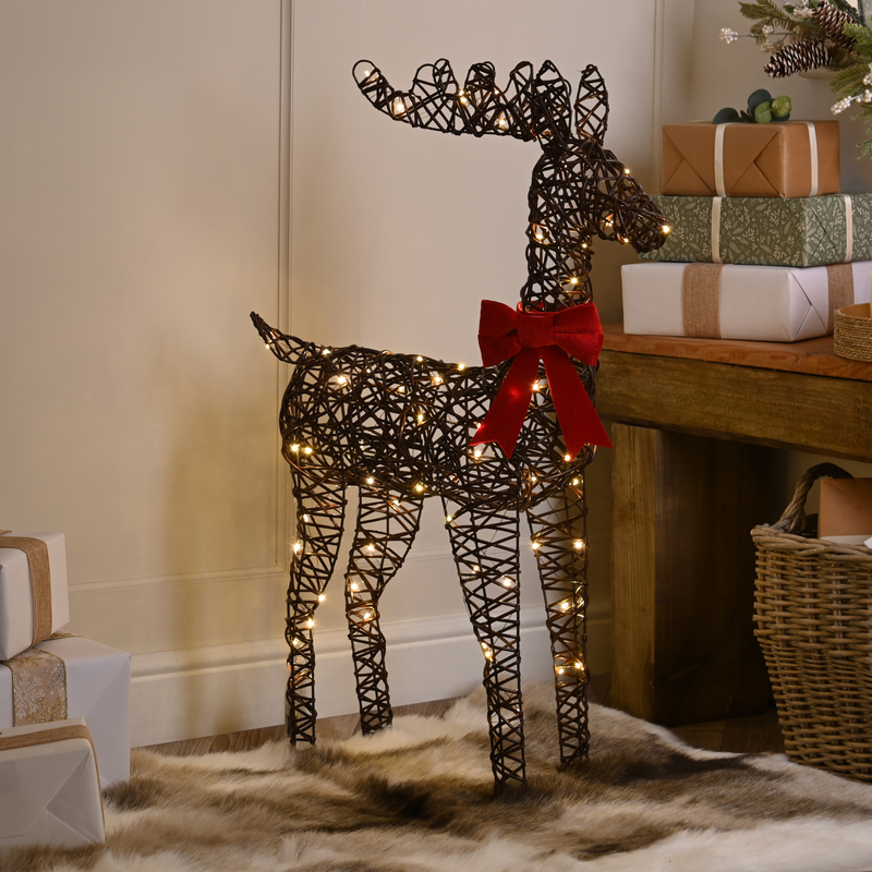 80cm Reindeer with Red Bow Lit with 80 Warm White LED's