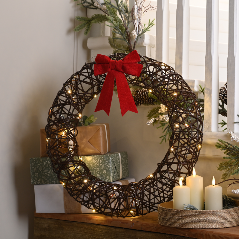 50cm Christmas Wreath with Red Bow Lit with 40 Warm White LED's