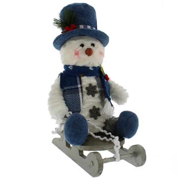 25cm Plush Snowman Sitting on Wooden Sledge Christmas Display