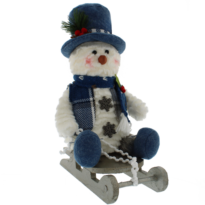 25cm Plush Snowman Sitting on Wooden Sledge Christmas Display