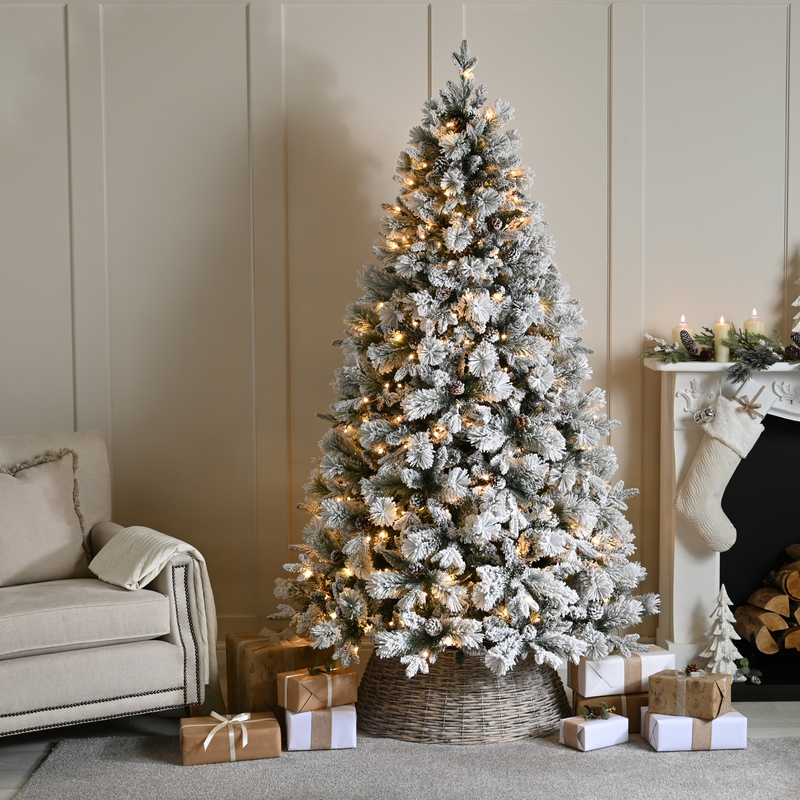 5ft Pre Lit Bishop Pine with Pinecones Snow Flocked Christmas Tree with 200 Warm White LED's