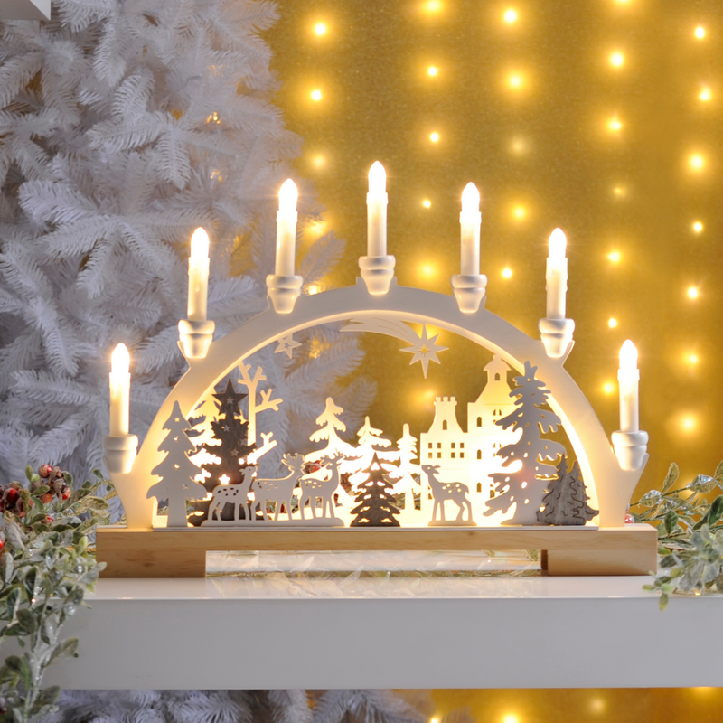 45cm Reindeer Scene White Candle Bridge Battery Powered