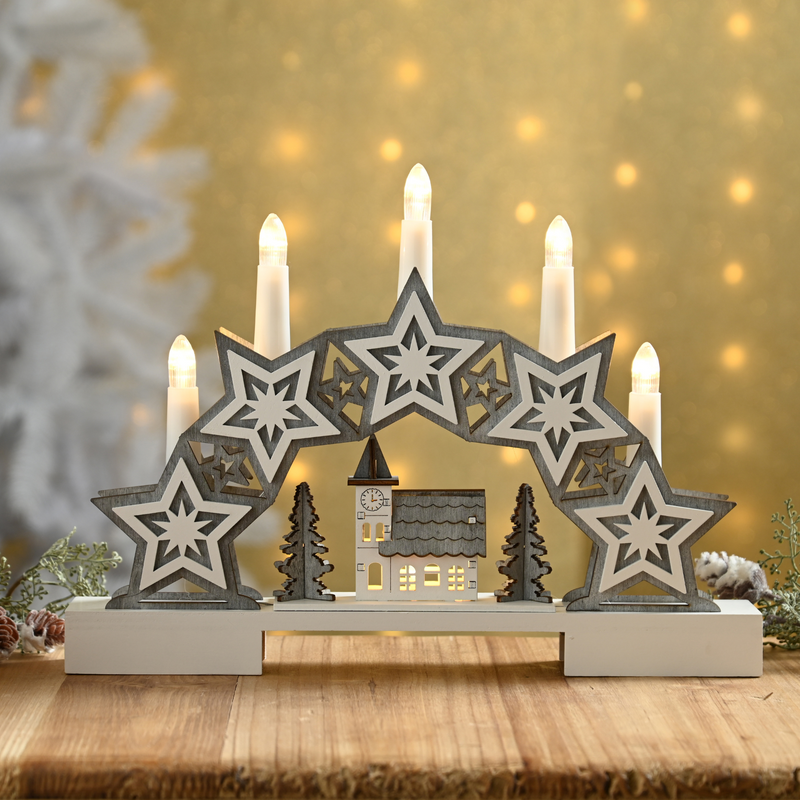 32cm Lit Star and Village Scene Candle Bridge Battery Powered
