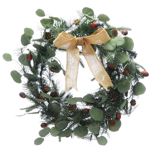 60cm Green Eucalyptus Pinecone Christmas Wreath with Hessian Bow
