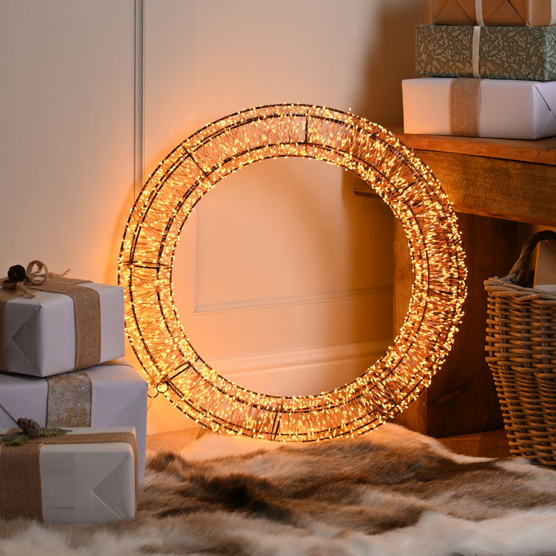 58cm Lit Black Christmas Wreath with 3000 Antique Gold LED's