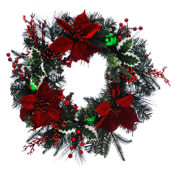 46cm Red Poinsettias Green Baubles Holly Christmas Wreath
