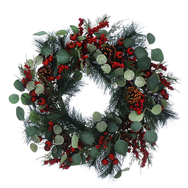 56cm Green Leaves Red Berries and Pinecones Christmas Wreath