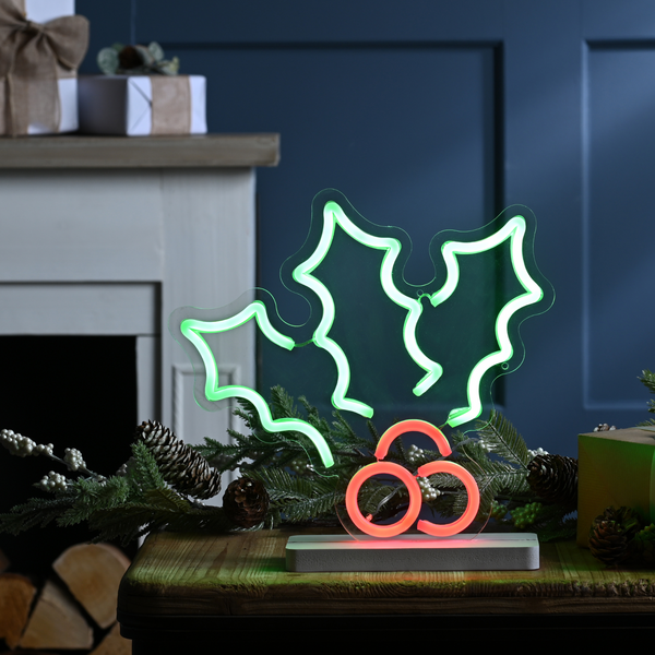 30cm LED Lit Neon Flex Christmas Holly and Berries on Stand